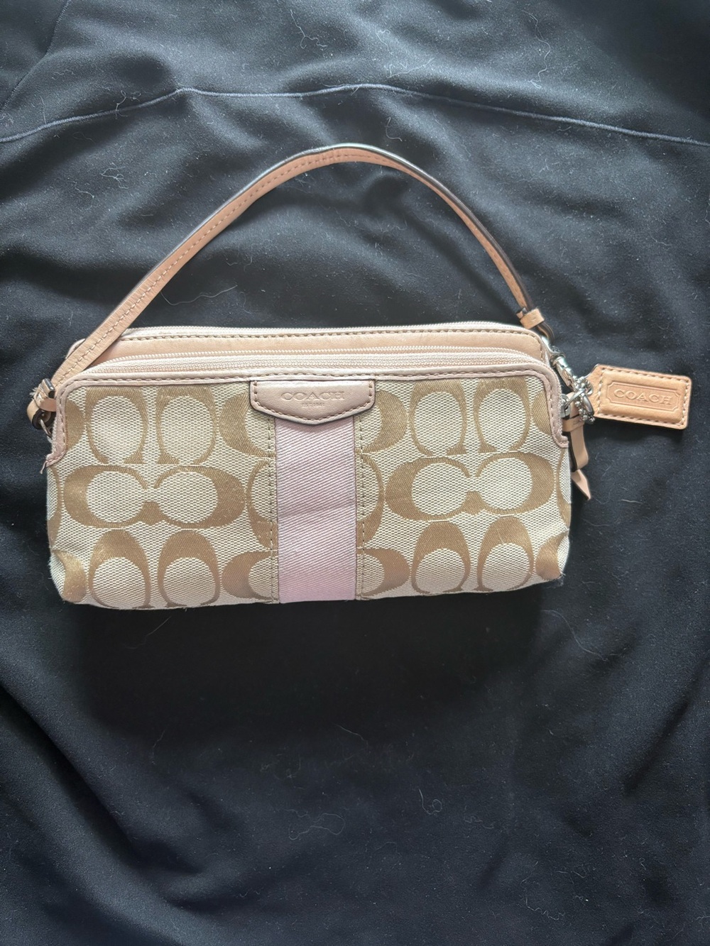 Larger 2 Pocket Coach Tan Signature Canvas Wristlet with Light Pink Stripe